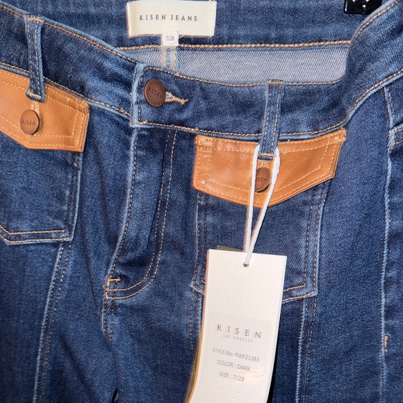 RISEN Women’s Dark Blue Flare Jeans with Tan Accents - Picture 3 of 3